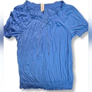 NWT Faded Glory Plus Size Blue Short Sleeve Ruffled Baby Doll Blouse Top
